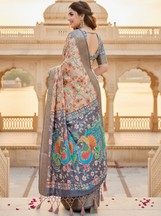 Orange  Blue Tussar Silk Saree For Women | Digital Print Party Wear Saree