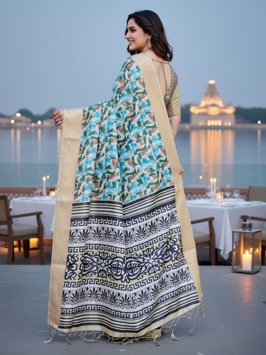 Cream  Blue Tussar Silk Saree For Women | Digital Print Party Wear Saree