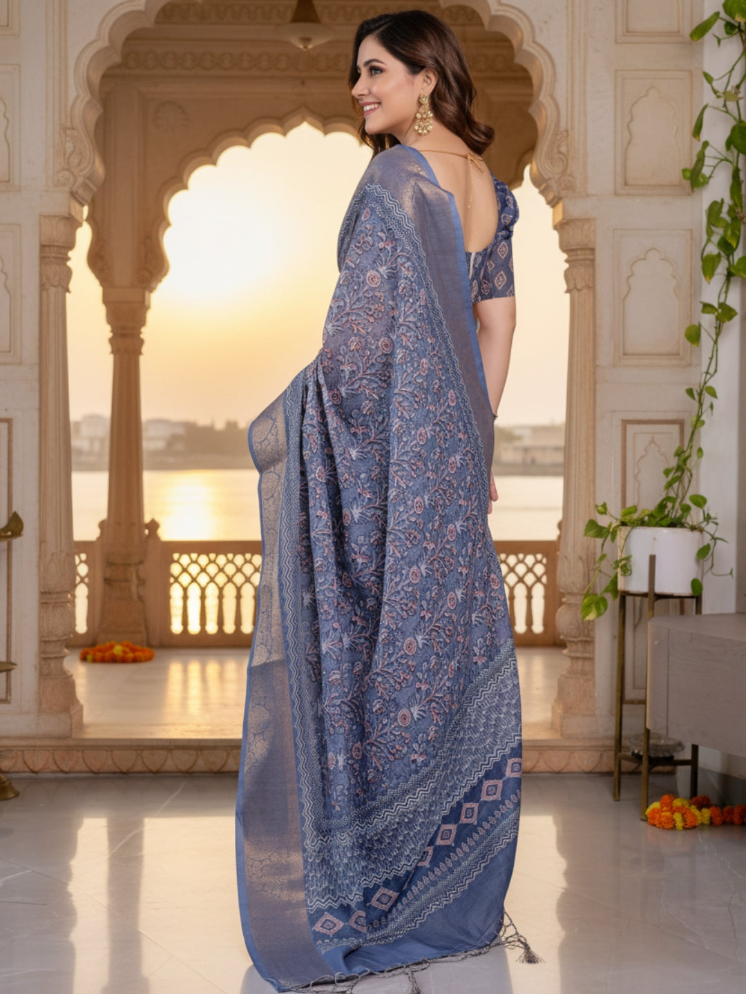 Blue Linen Cotton Saree For Women | Digital Print Party Wear Saree