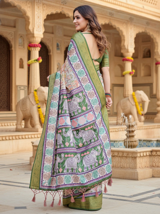 Green  White Tussar Silk Saree For Women | Digital Print Party Wear Saree