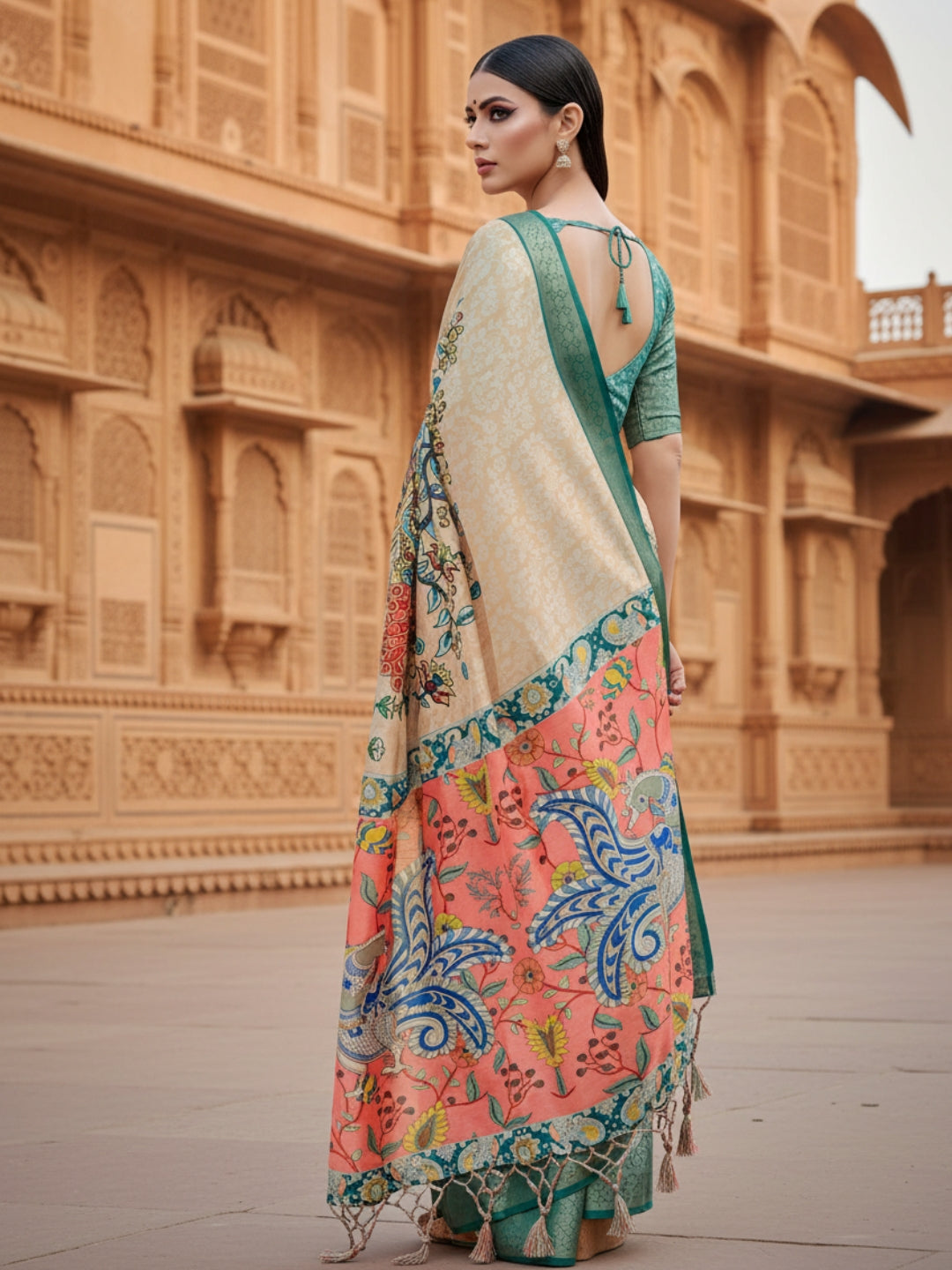 Teal  Orange Tussar Silk Saree For Women | Digital Print Party Wear Saree