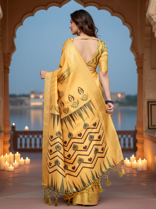 Yellow Tussar Silk Saree For Women | Digital Print Party Wear Saree