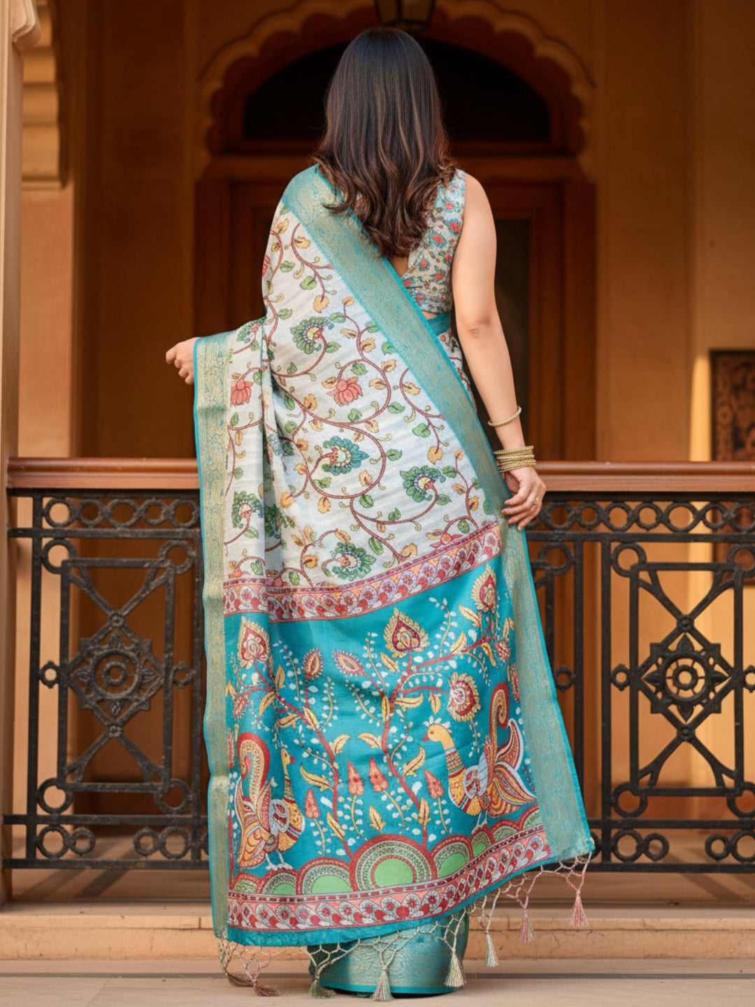 Teal Tussar Silk Saree For Women | Digital Print Party Wear Saree