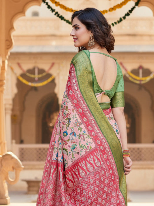 Green  Peach Tussar Silk Saree For Women | Digital Print Party Wear Saree