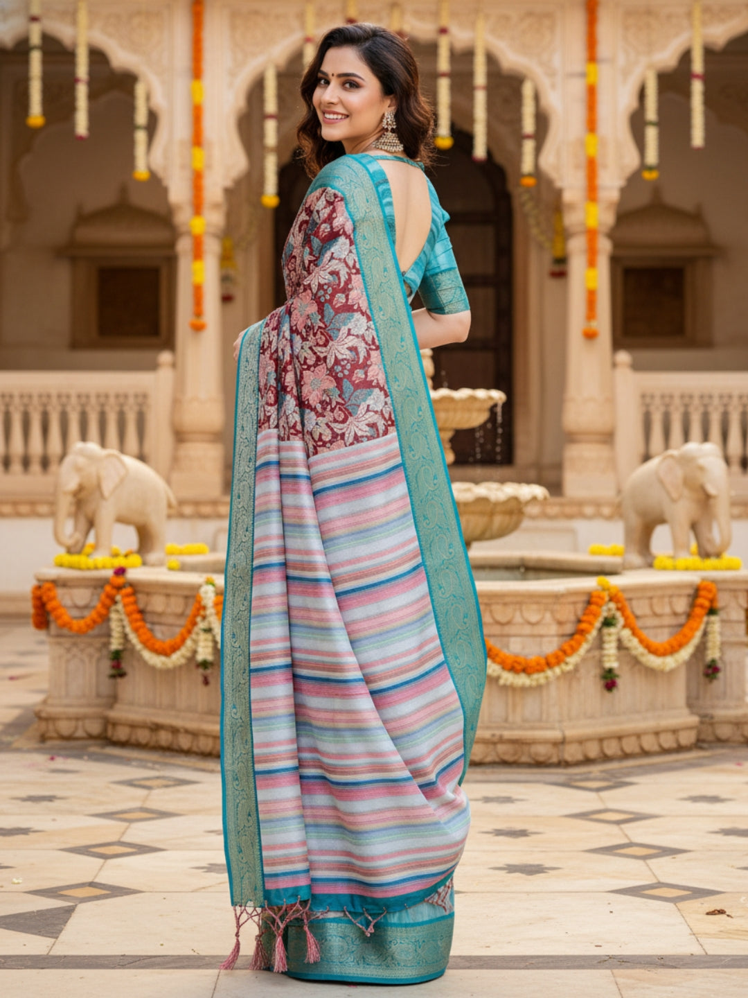 Teal  Brown Tussar Silk Saree For Women | Digital Print Party Wear Saree