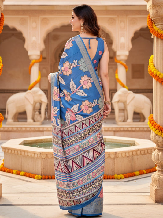 Blue Tussar Silk Saree For Women | Digital Print Party Wear Saree