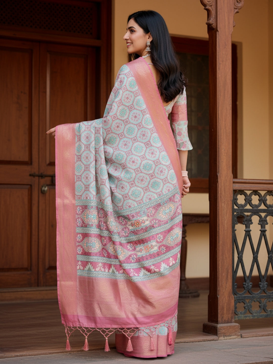 White  Pink Tussar Silk Saree For Women | Digital Print Party Wear Saree