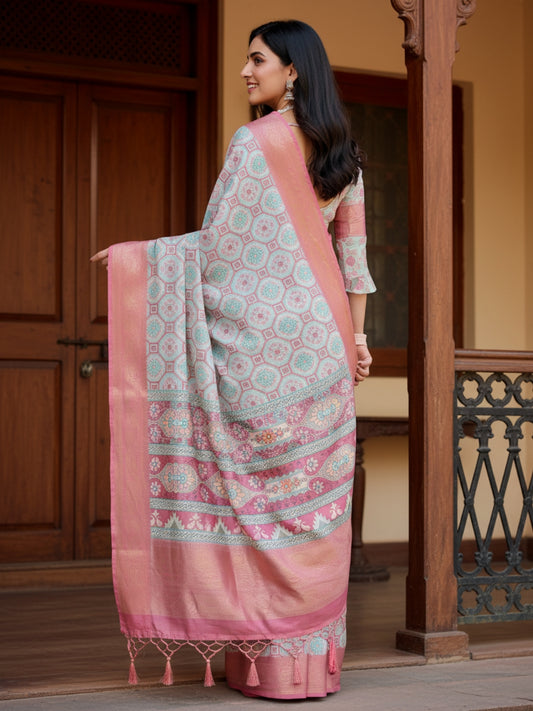 White  Pink Tussar Silk Saree For Women | Digital Print Party Wear Saree