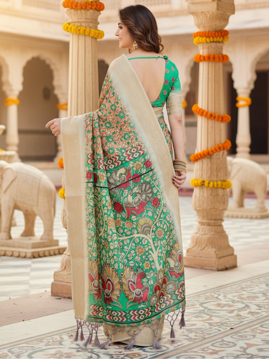 Green  Brown Tussar Silk Saree For Women | Digital Print Party Wear Saree