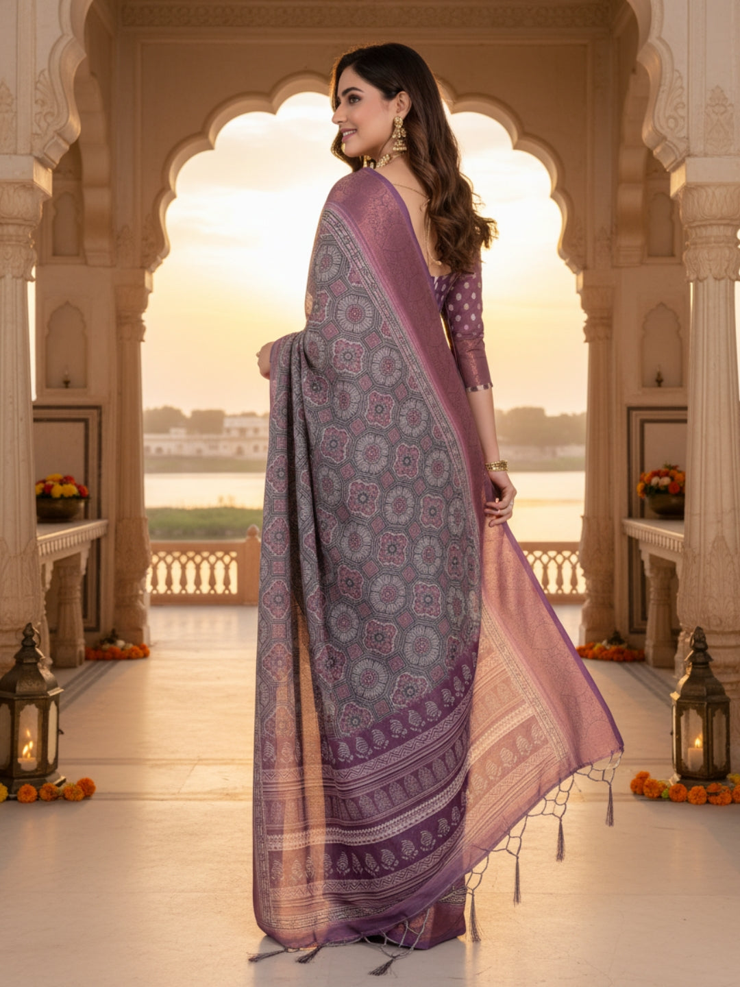 Lavender Linen Cotton Saree For Women | Digital Print Party Wear Saree