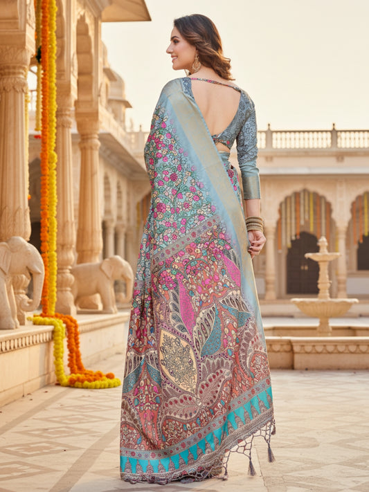 Light Blue Tussar Silk Saree For Women | Digital Print Party Wear Saree
