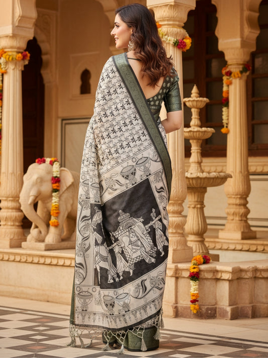 Green  White Tussar Silk Saree For Women | Digital Print Party Wear Saree