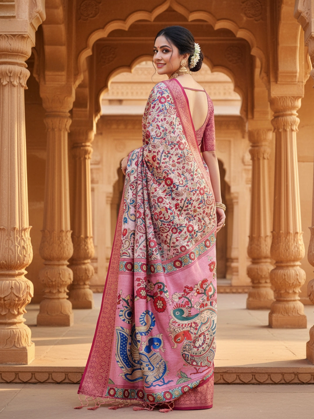 Pink Tussar Silk Saree For Women | Digital Print Party Wear Saree