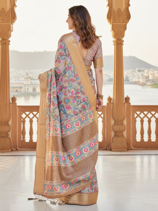 Grey Tussar Silk Saree For Women | Digital Print Party Wear Saree