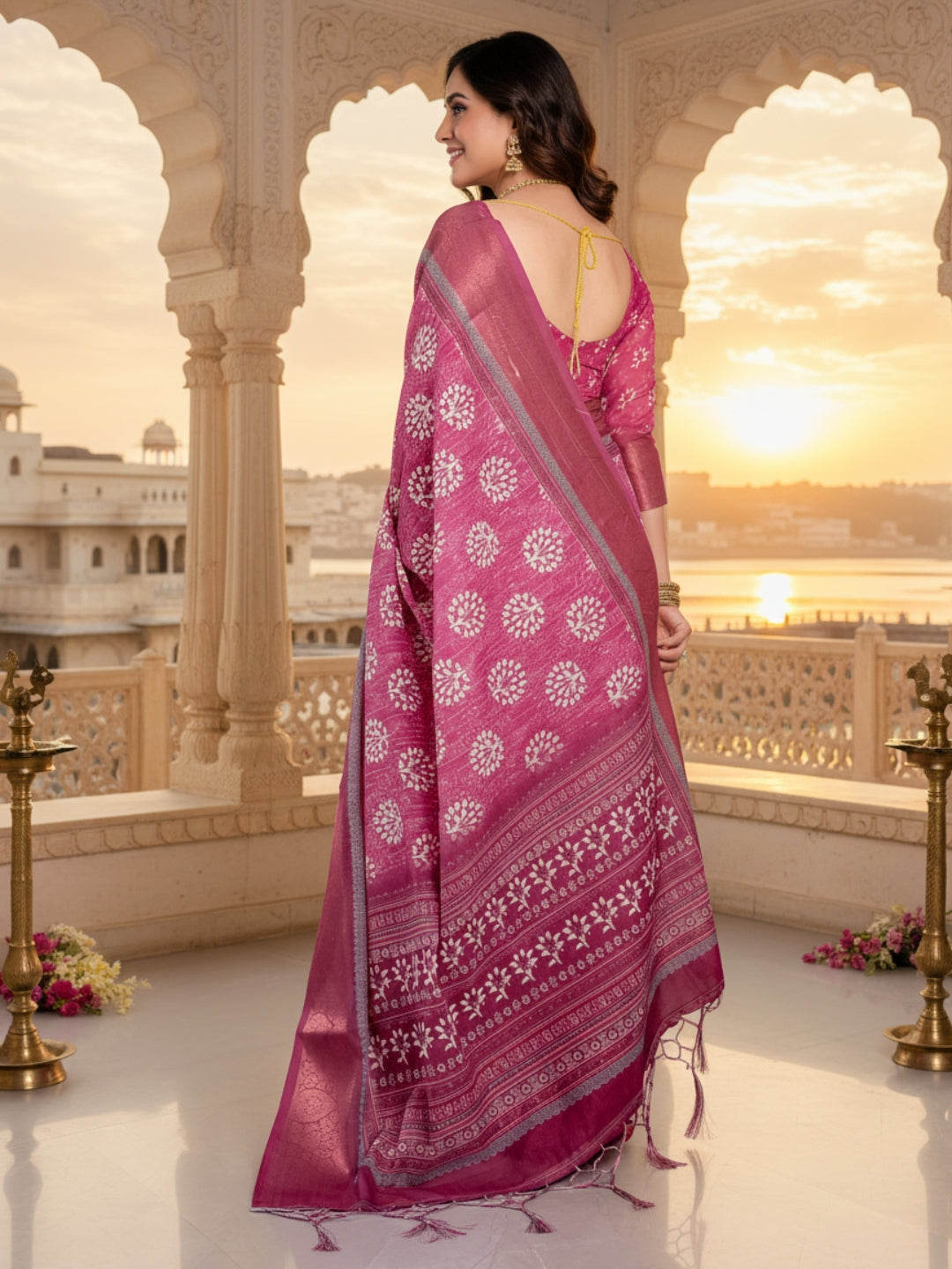 Pink Linen Cotton Saree For Women | Digital Print Party Wear Saree