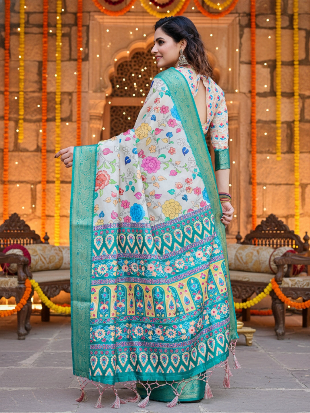 Cream  Light Green Tussar Silk Saree For Women | Digital Print Party Wear Saree