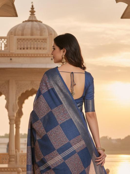 Blue Linen Cotton Saree For Women | Digital Print Party Wear Saree