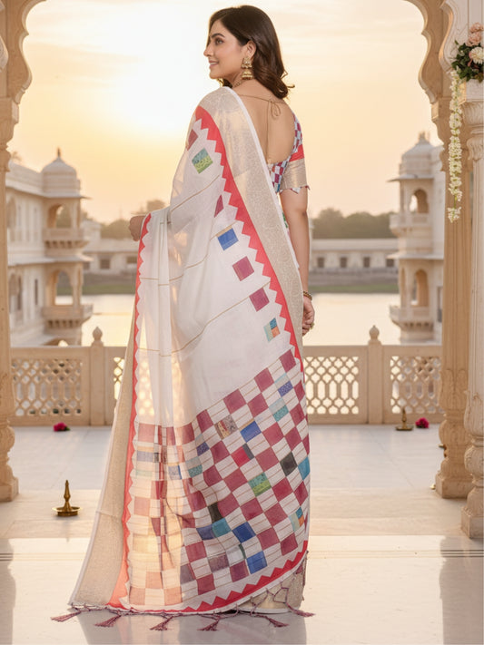 White Linen Cotton Saree For Women | Digital Print Party Wear Saree