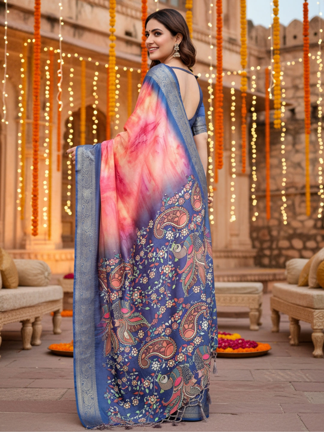 Blue  Red Tussar Silk Saree For Women | Digital Print Party Wear Saree