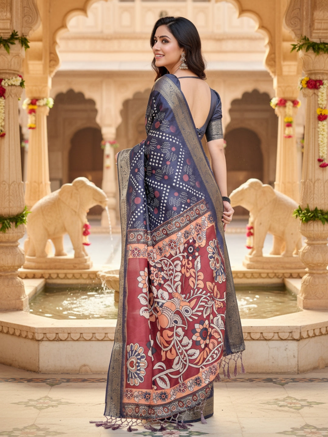 Blue Tussar Silk Saree For Women | Digital Print Party Wear Saree