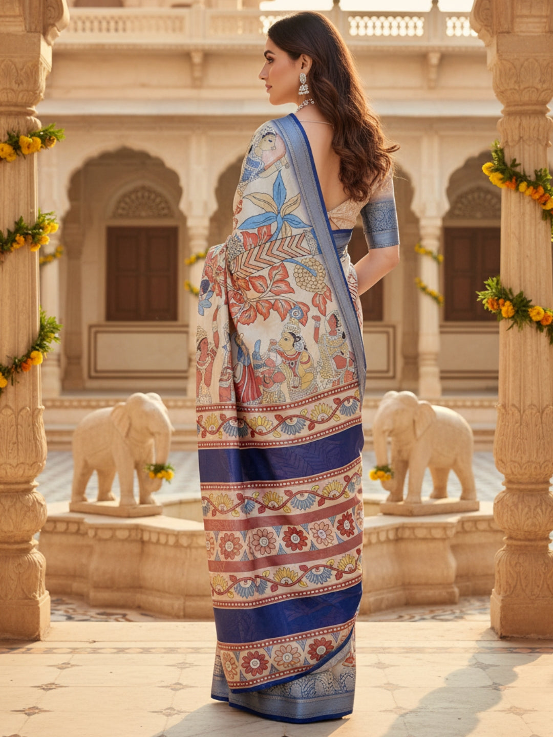 Cream Tussar Silk Saree For Women | Digital Print Party Wear Saree