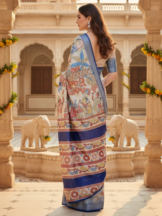 Cream Tussar Silk Saree For Women | Digital Print Party Wear Saree