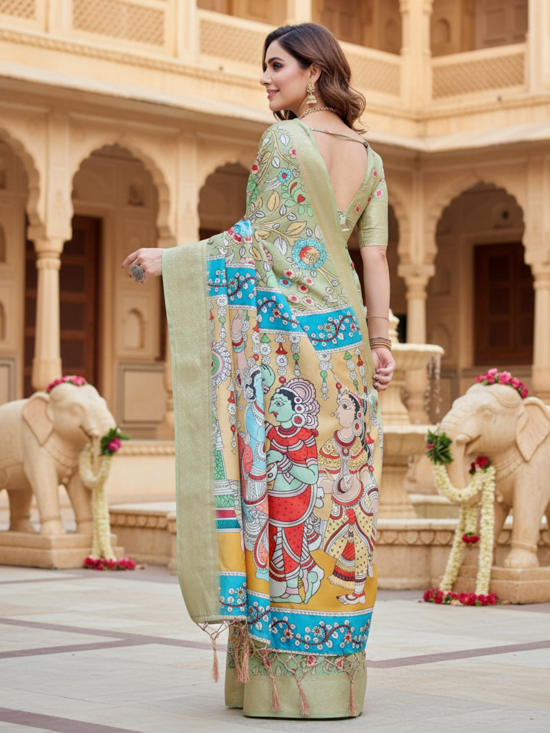Green Tussar Silk Saree For Women | Digital Print Party Wear Saree