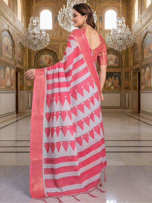 Grey  Pink Linen Cotton Saree For Women | Digital Print Party Wear Saree