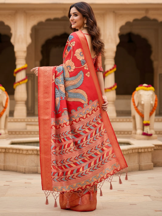 Red Tussar Silk Saree For Women | Digital Print Party Wear Saree