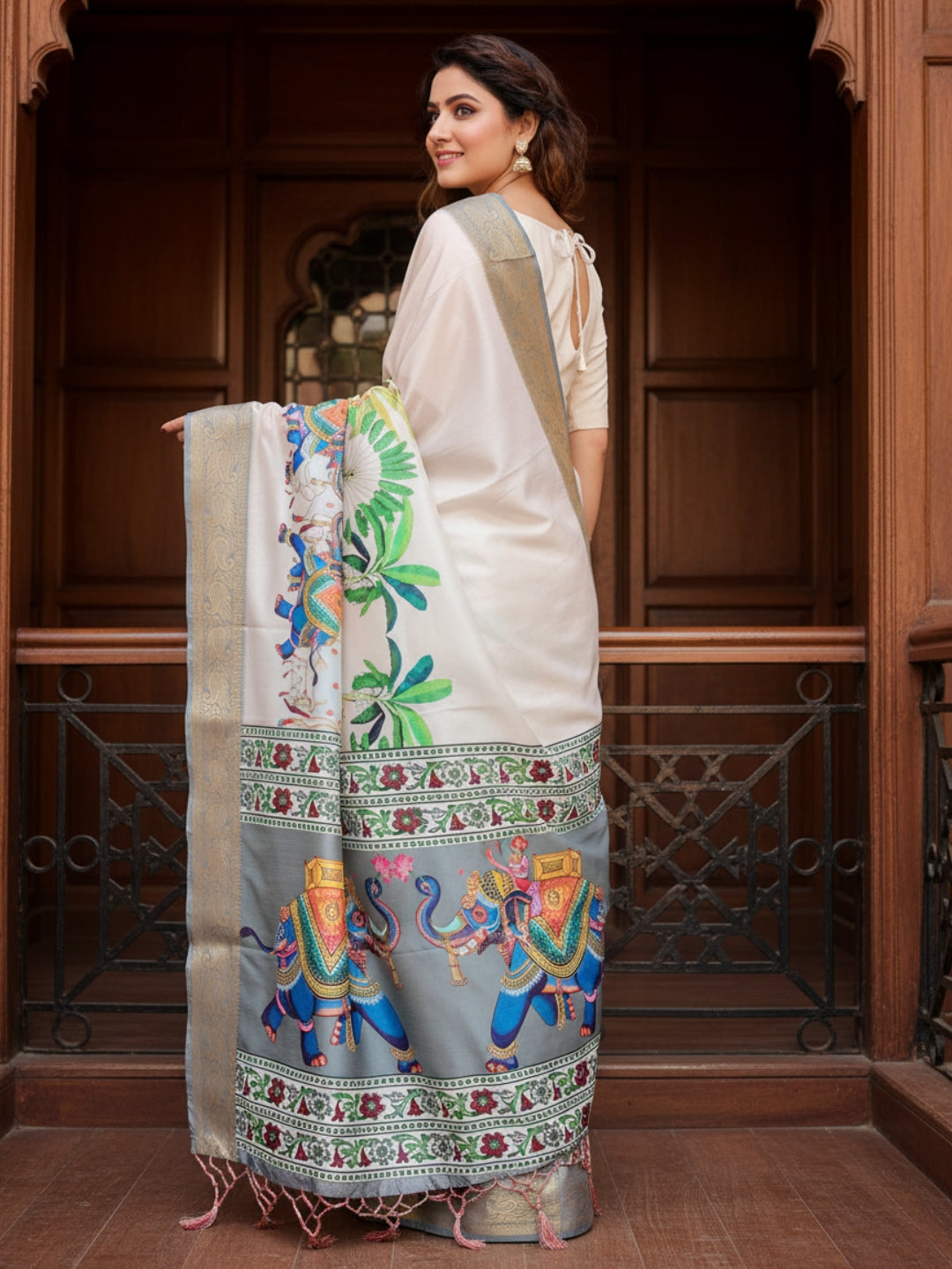 Cream  Light Green Tussar Silk Saree For Women | Digital Print Party Wear Saree