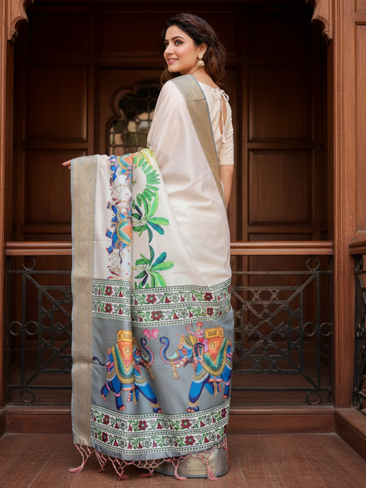 Cream  Light Green Tussar Silk Saree For Women | Digital Print Party Wear Saree