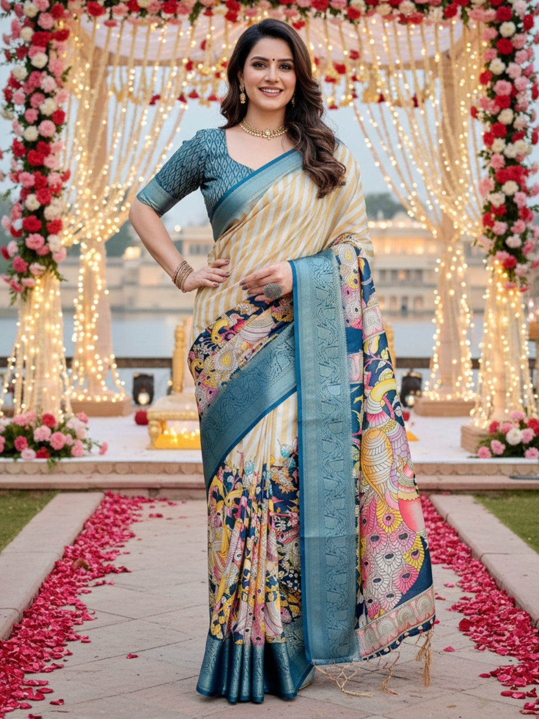 Blue  Orange Tussar Silk Saree For Women | Digital Print Party Wear Saree