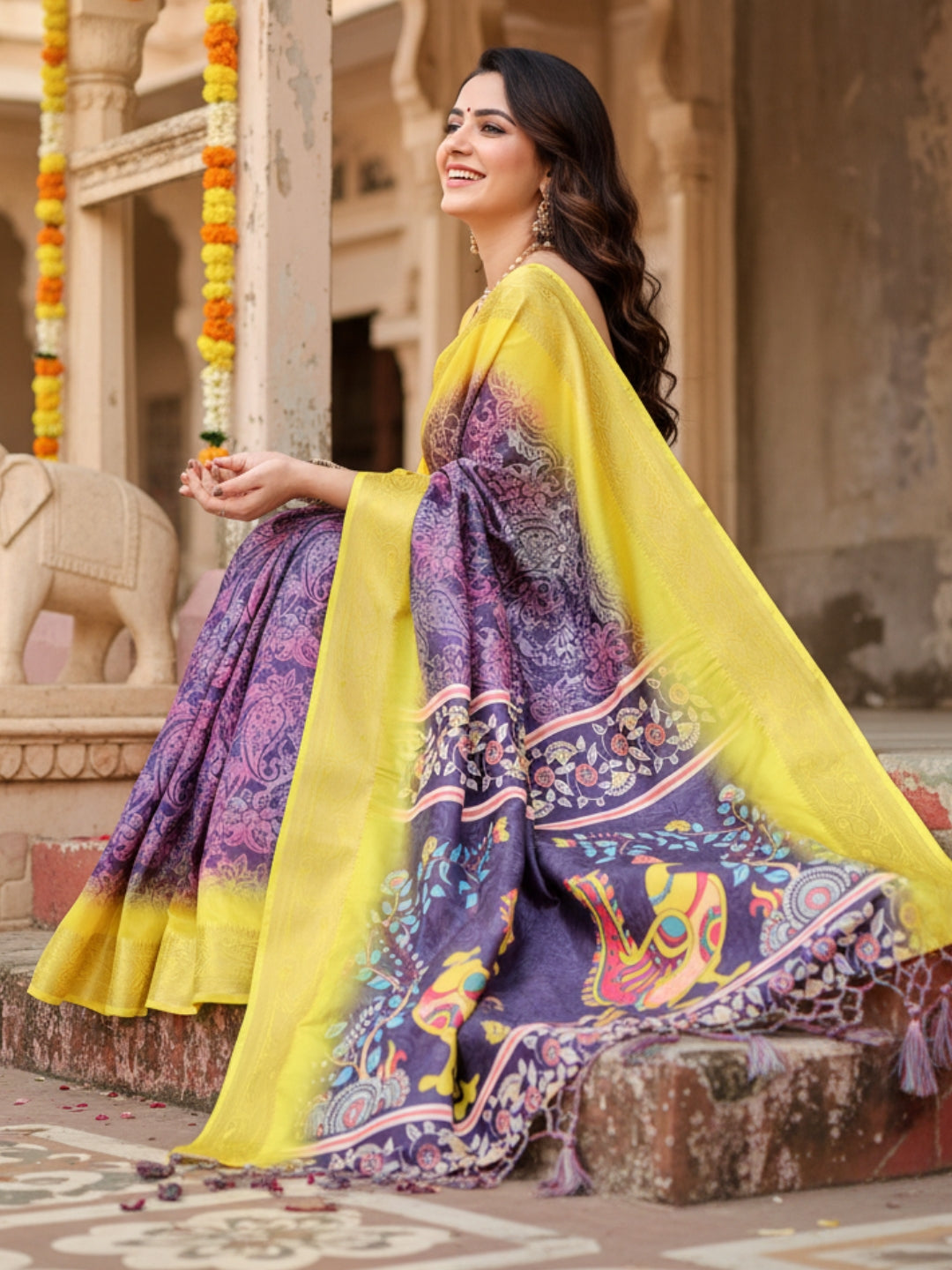 Blue  Yellow Tussar Silk Saree For Women | Digital Print Party Wear Saree