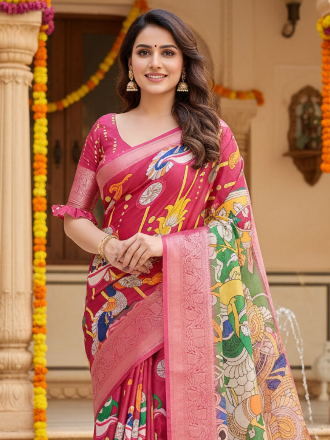 Red Tussar Silk Saree For Women | Digital Print Party Wear Saree