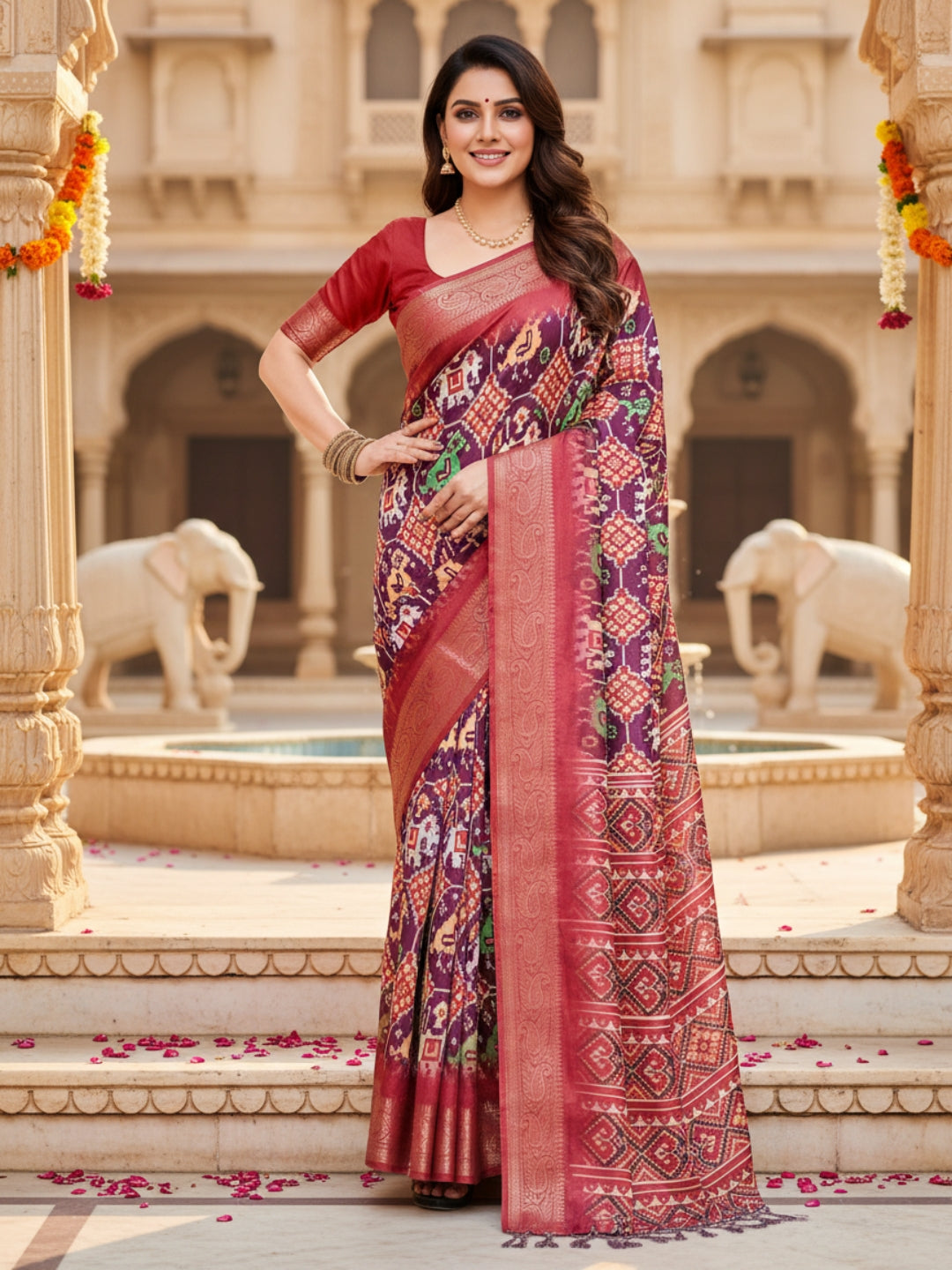 Red Tussar Silk Saree For Women | Digital Print Party Wear Saree