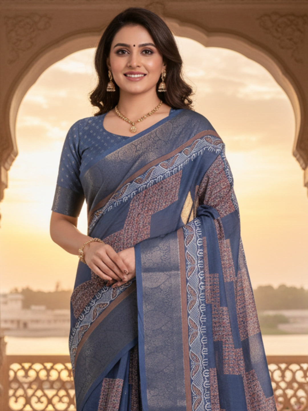Blue Linen Cotton Saree For Women | Digital Print Party Wear Saree