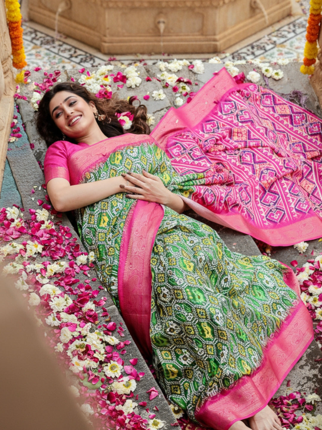 Green  Pink Tussar Silk Saree For Women | Digital Print Party Wear Saree