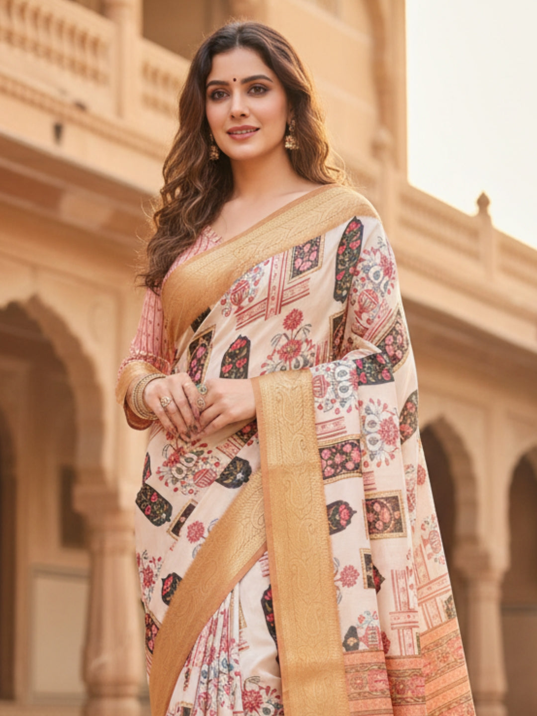 Cream Orange Tussar Silk Saree For Women | Digital Print Party Wear Saree