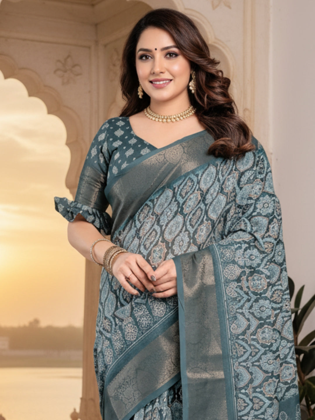 Green Linen Cotton Saree For Women | Digital Print Party Wear Saree