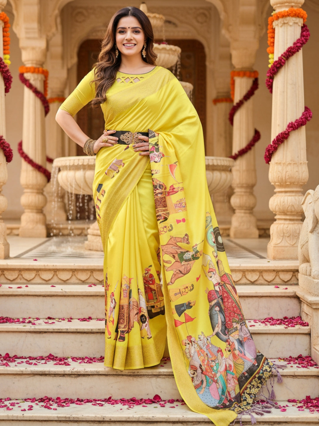 Yellow Tussar Silk Saree For Women | Digital Print Party Wear Saree