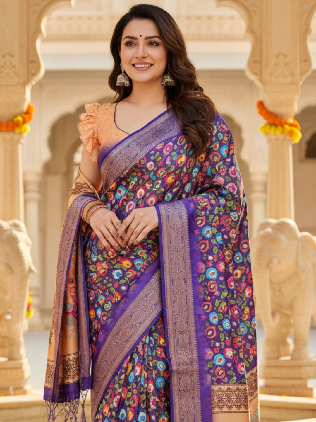 Blue Tussar Silk Saree For Women | Digital Print Party Wear Saree