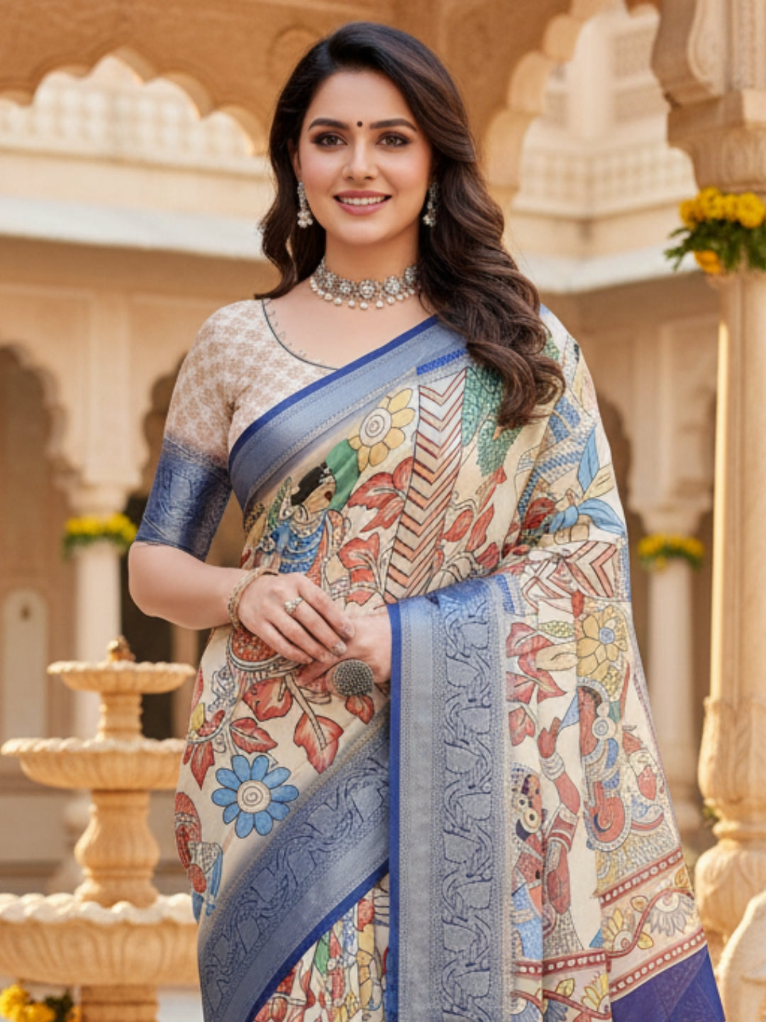 Cream Tussar Silk Saree For Women | Digital Print Party Wear Saree