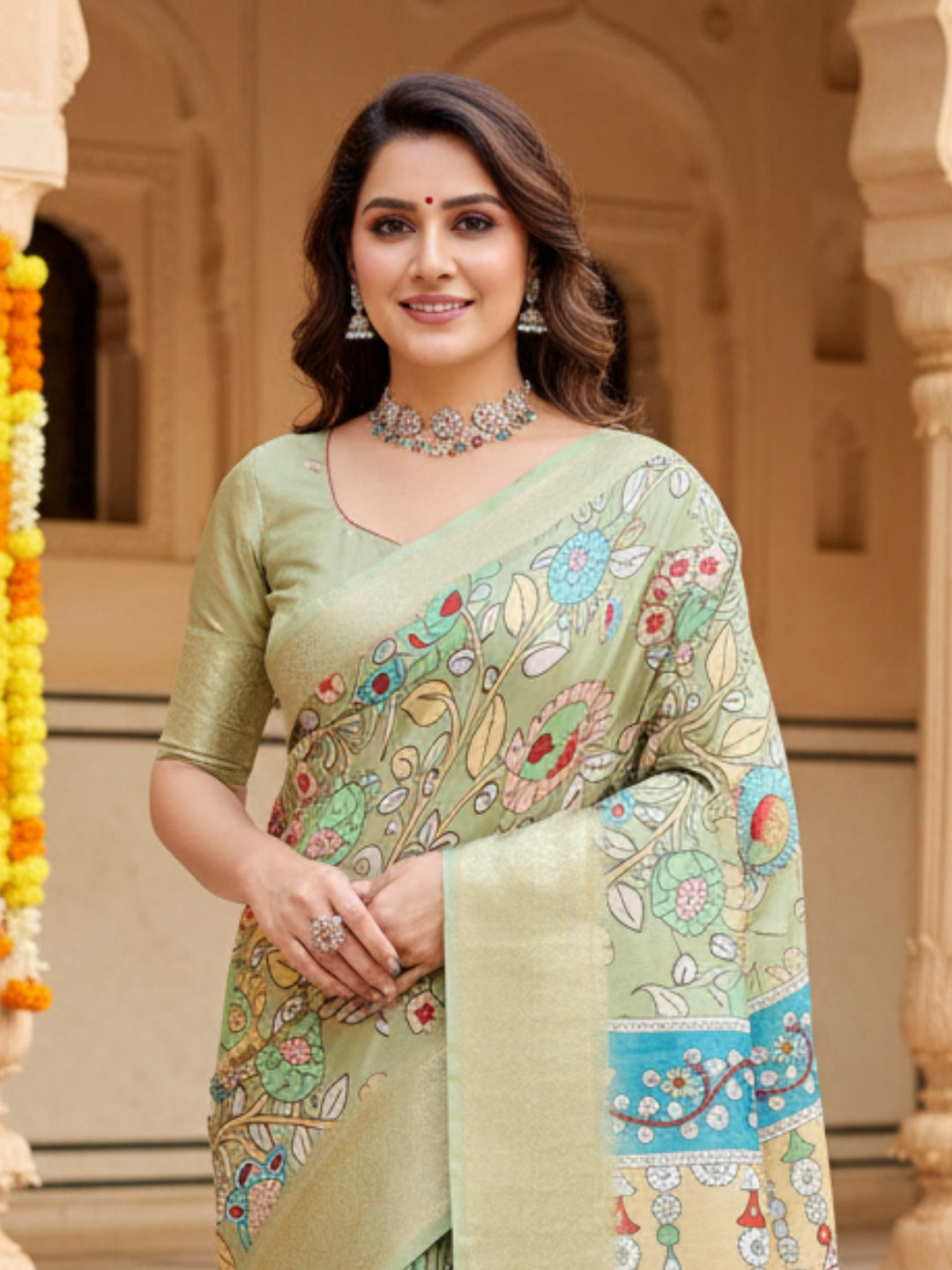 Green Tussar Silk Saree For Women | Digital Print Party Wear Saree
