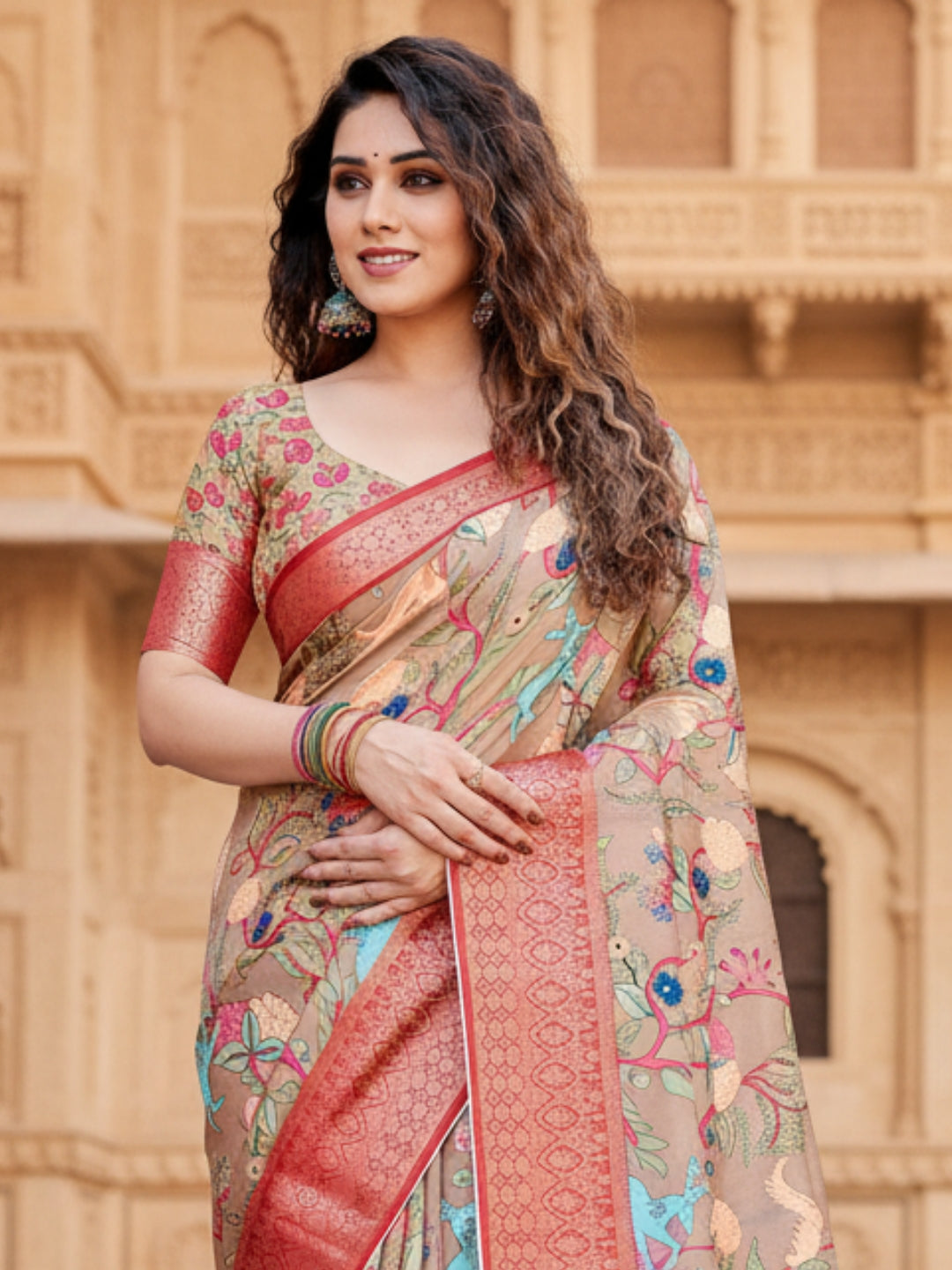 Orange  Red Tussar Silk Saree For Women | Digital Print Party Wear Saree