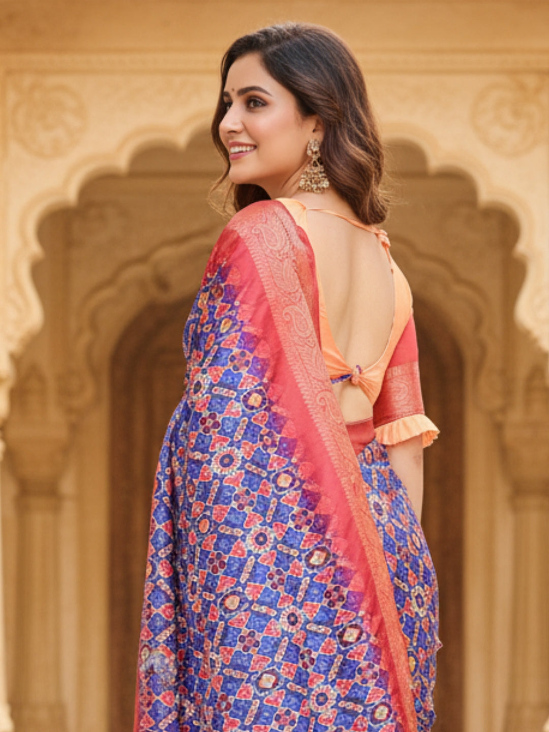 Blue  Red Tussar Silk Saree For Women | Digital Print Party Wear Saree