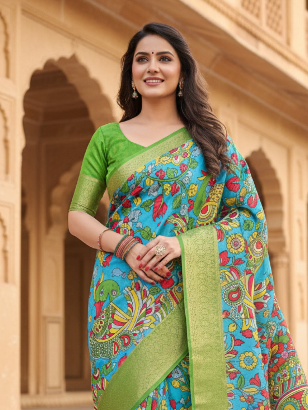 Green Tussar Silk Saree For Women | Digital Print Party Wear Saree