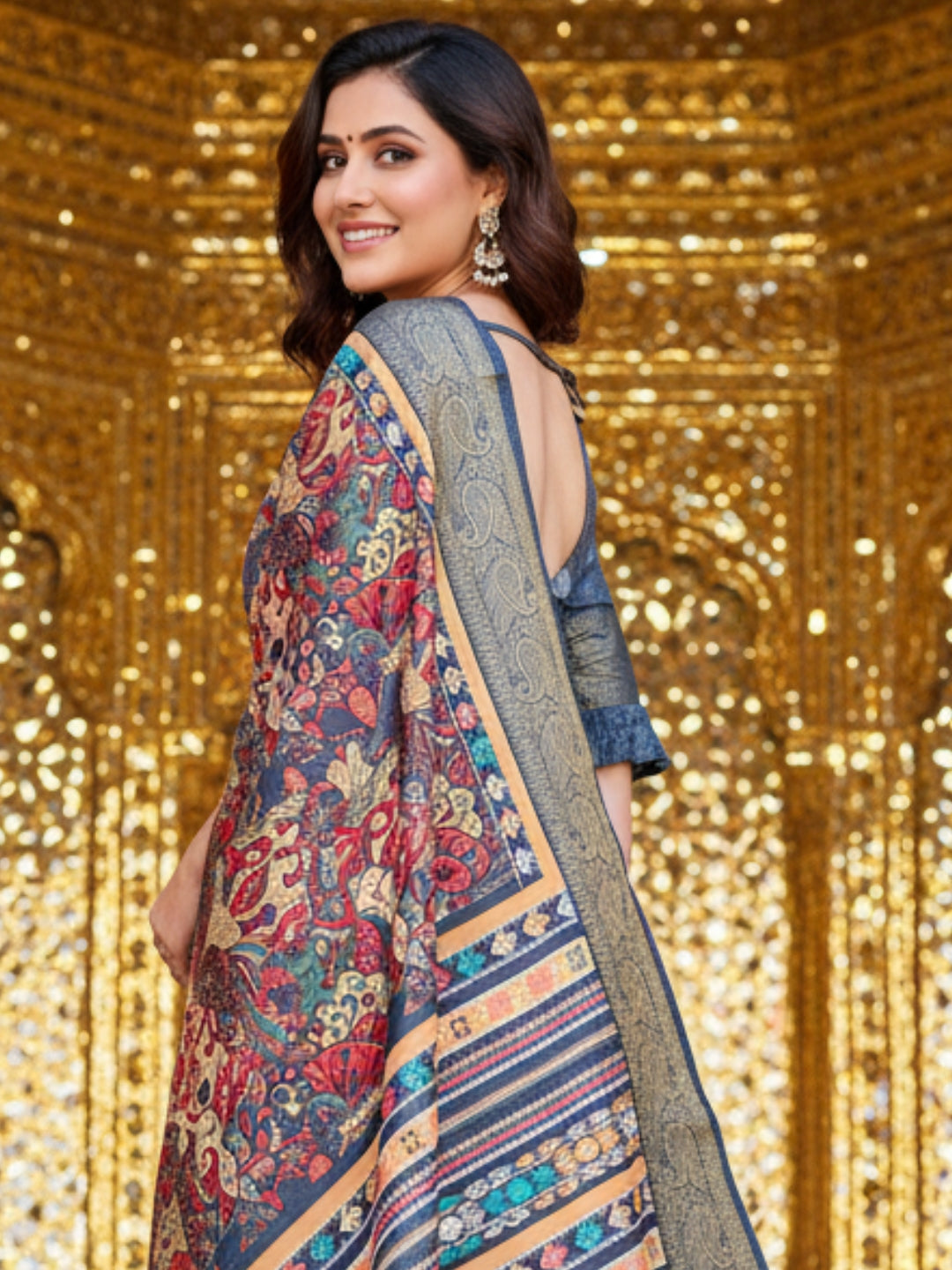 Blue Tussar Silk Saree For Women | Digital Print Party Wear Saree