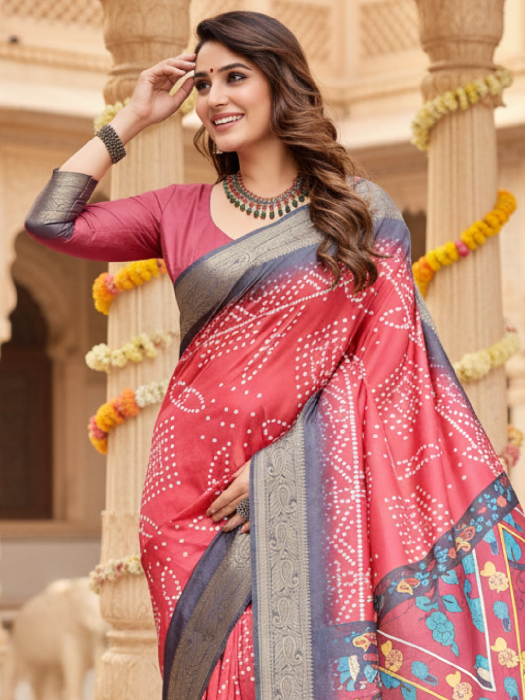 Red Tussar Silk Saree For Women | Digital Print Party Wear Saree