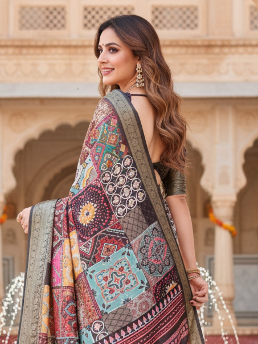 Green  Brown Tussar Silk Saree For Women | Digital Print Party Wear Saree