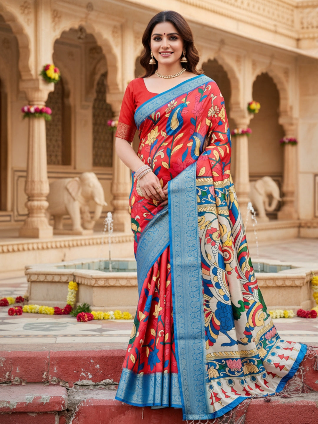 Blue  Red Tussar Silk Saree For Women | Digital Print Party Wear Saree